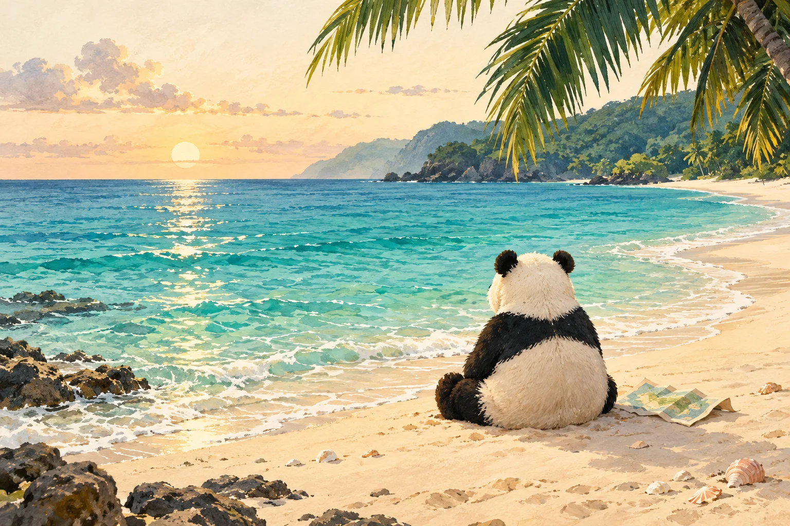 A panda sitting on a sandy Caribbean beach beside a folded map, looking out over turquoise water beneath palm leaves.