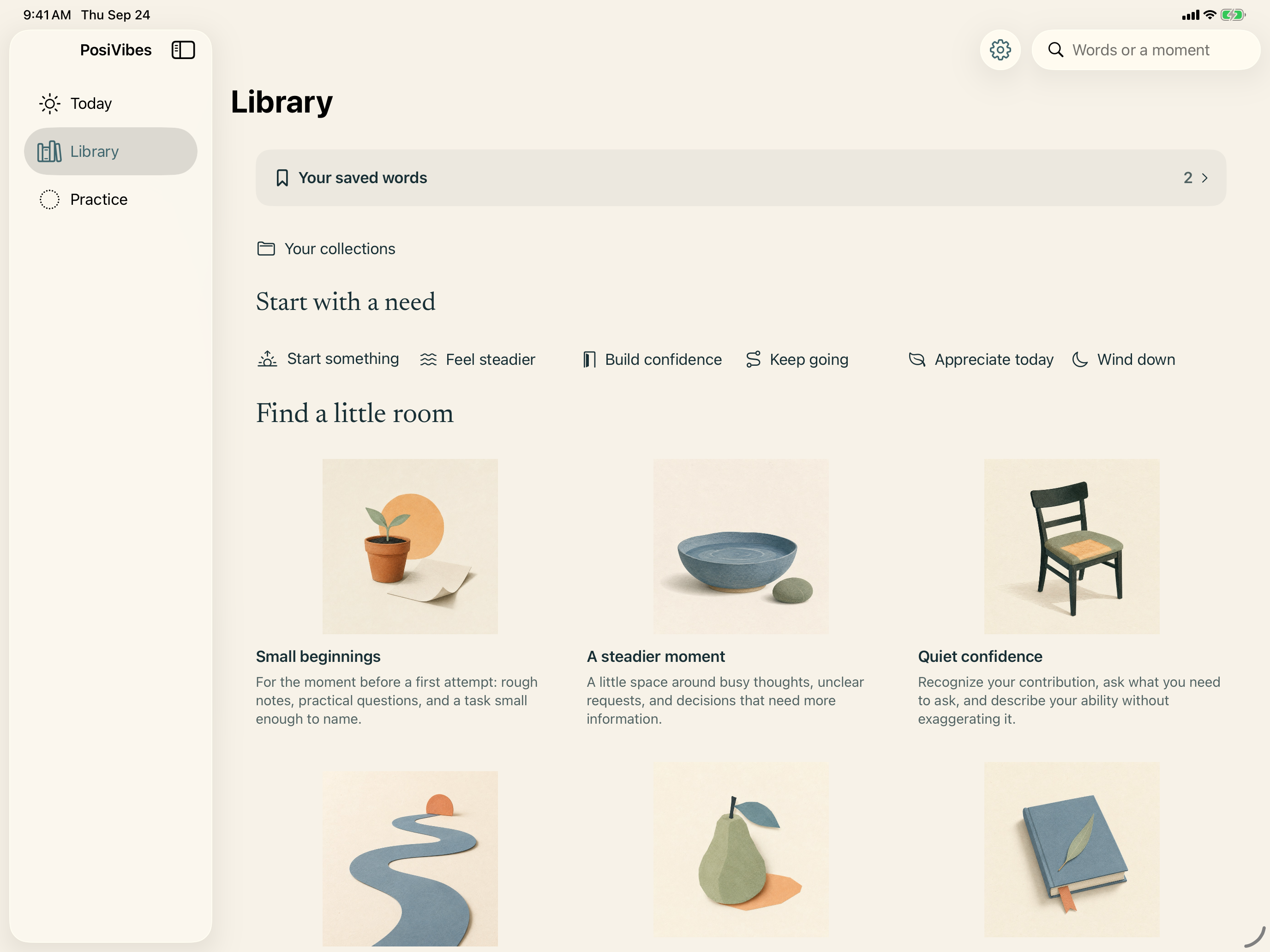 PosiVibes Library on iPad with a sidebar, search, saved readings and illustrated collections.