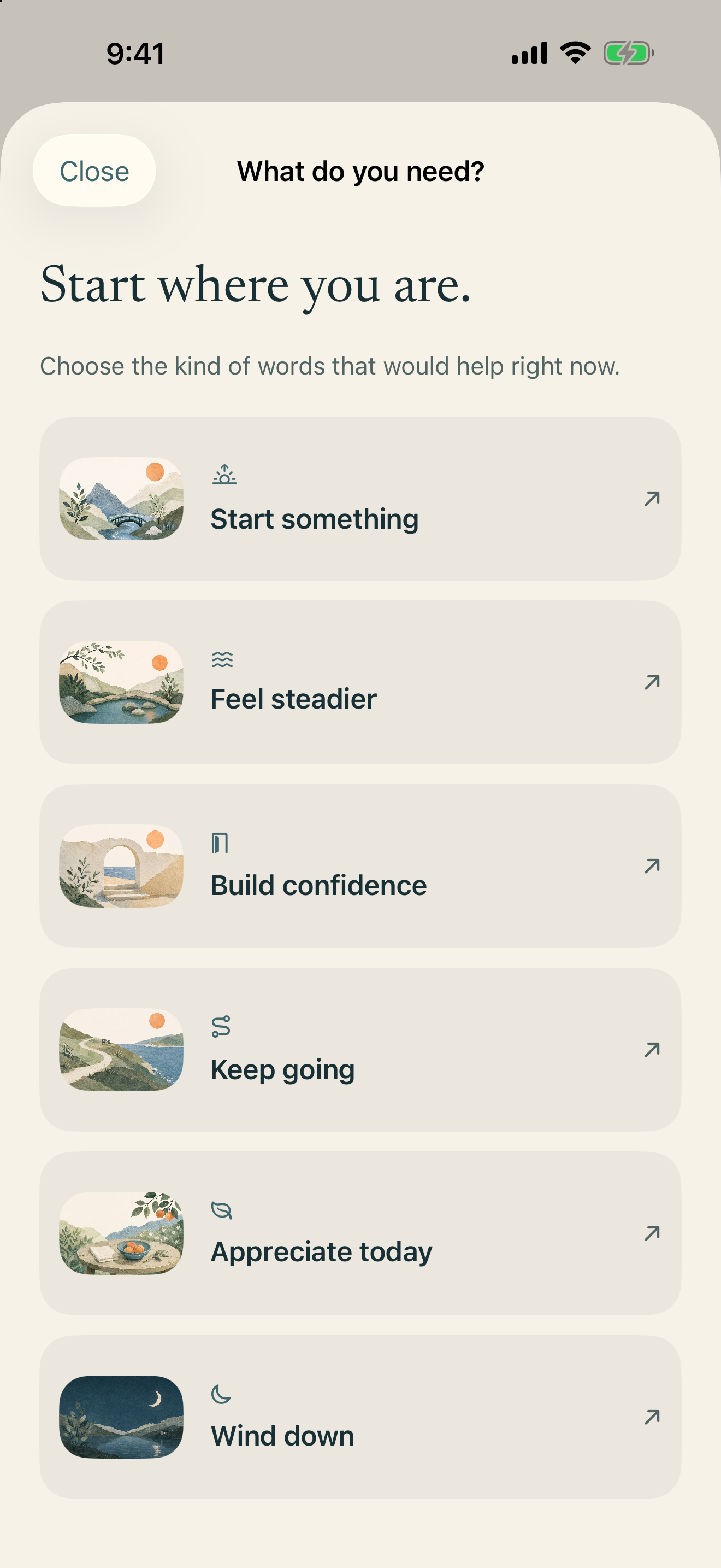 PosiVibes on iPhone showing six illustrated choices for what you need, including Feel steadier and Wind down.