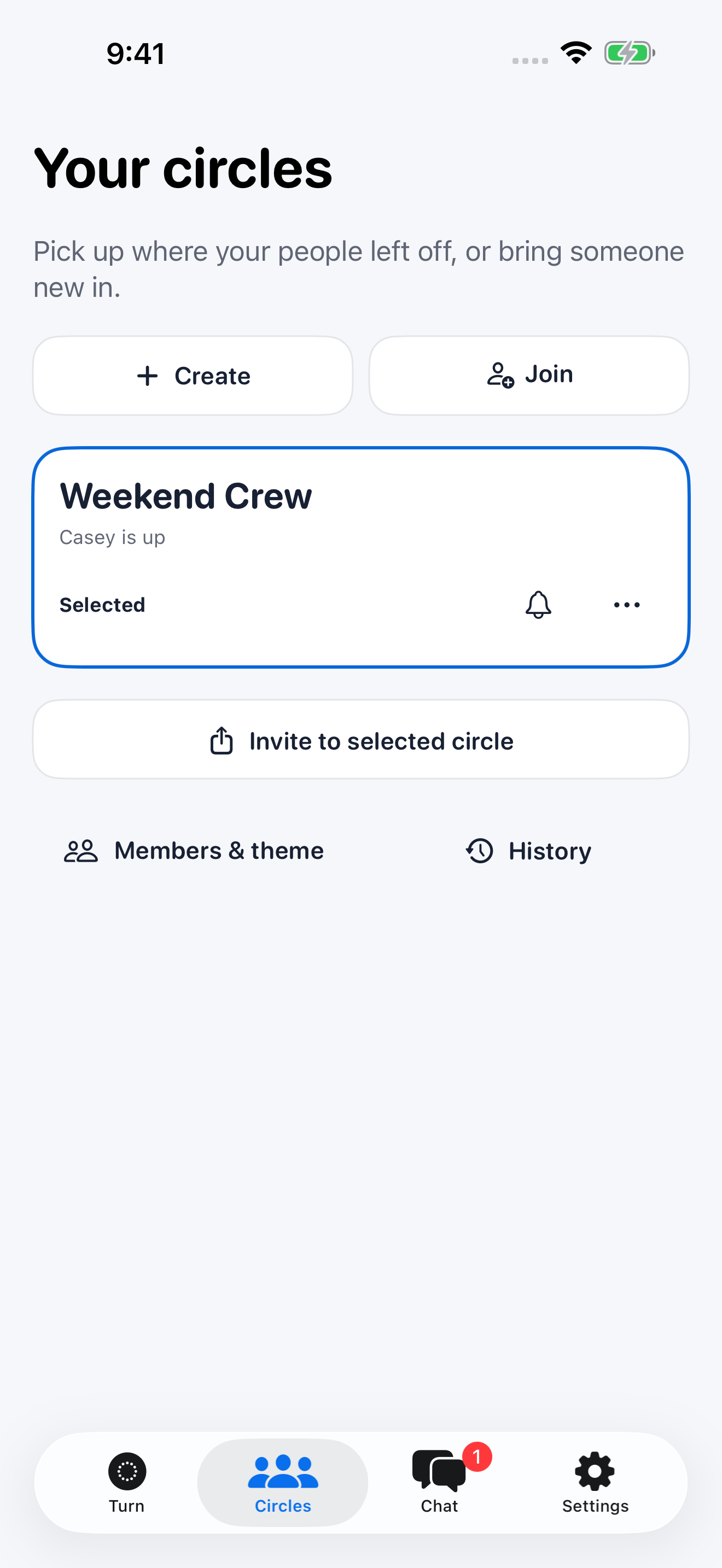 Turnly Circles screen showing the fictional Weekend Crew circle and create, join and invite controls.